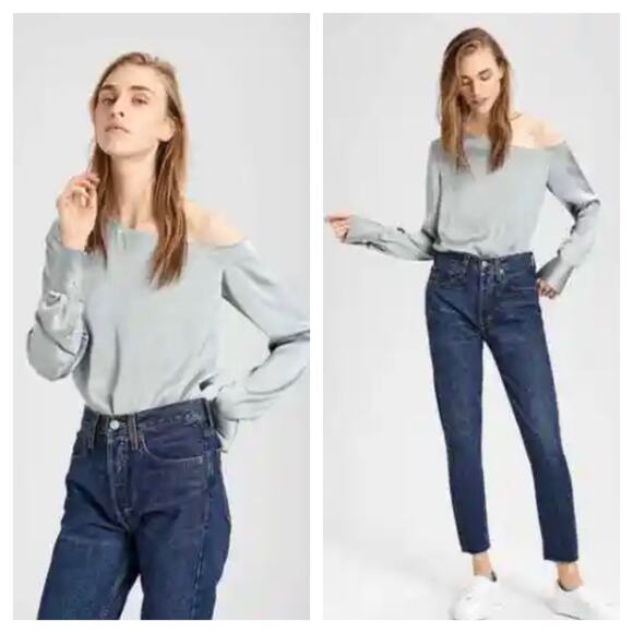 Theory Ulrika Crushed Satin One Shoulder Blouse Size Small Oregano Minimalist - Picture 8 of 13